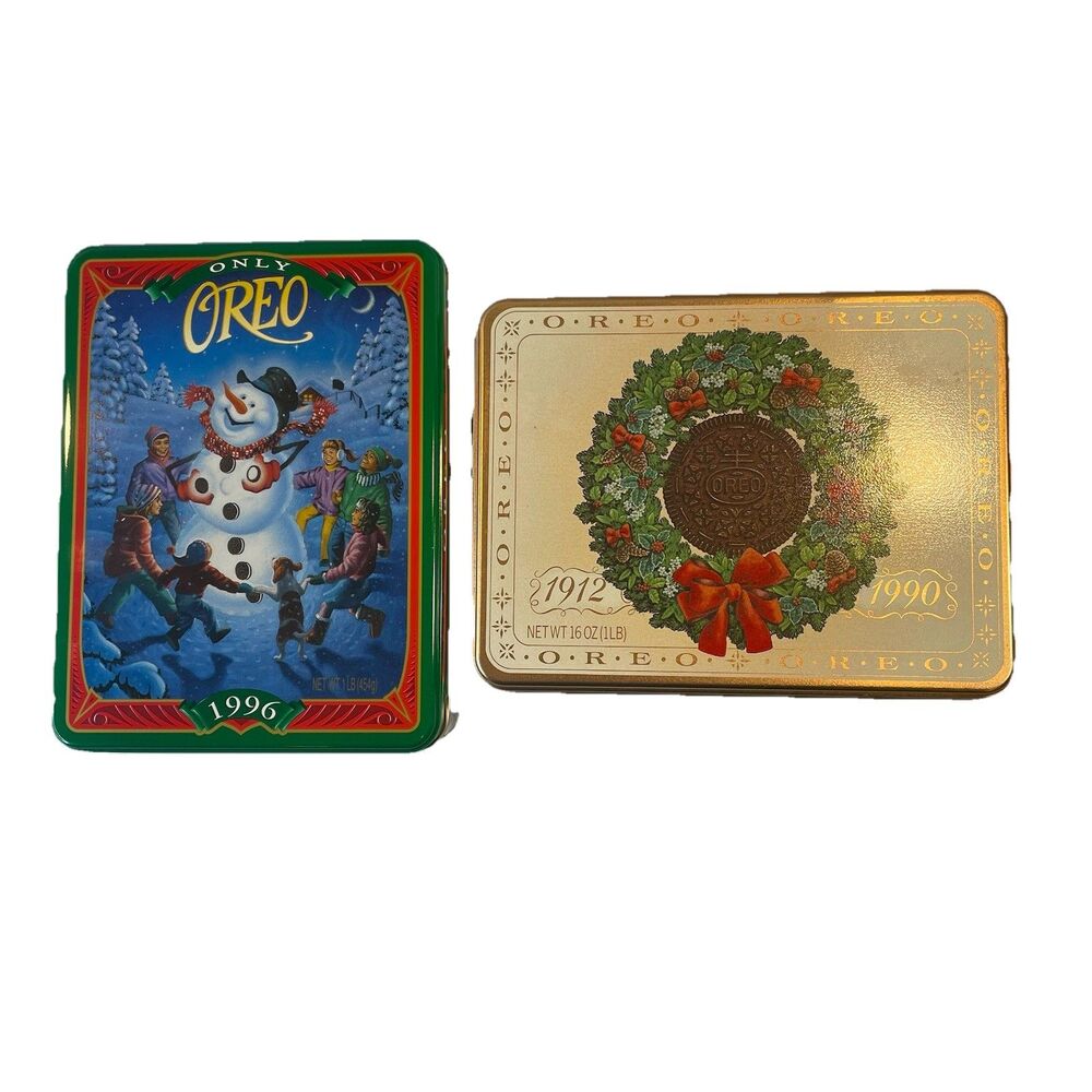 Oreo Christmas Holiday Tins Decorative Metal Vintage 1990 Wreath 1996 Snowman